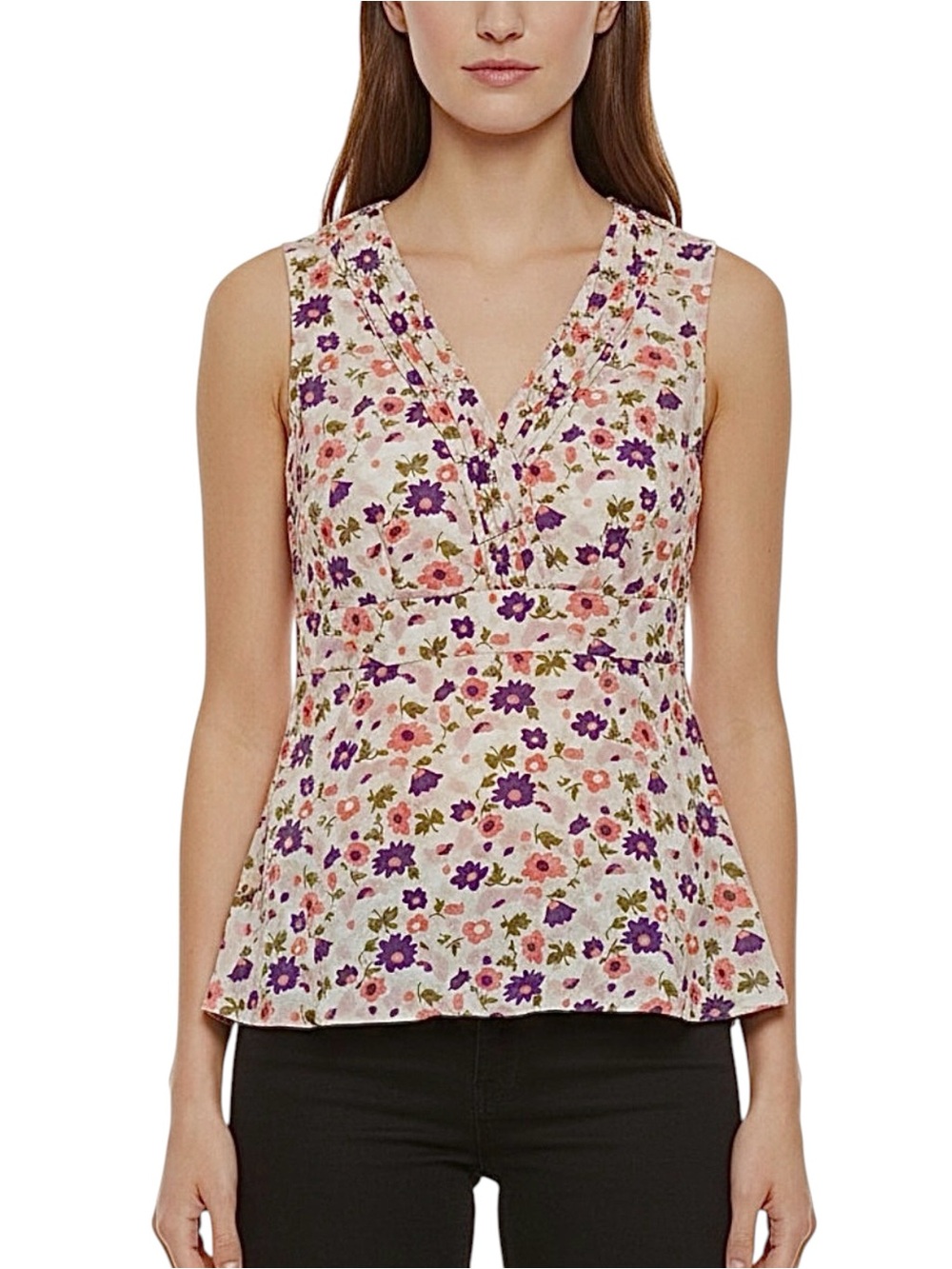 Boden Floral Cotton Top - Sleeveless, Pleated V-Neck, Long Line - Size 6